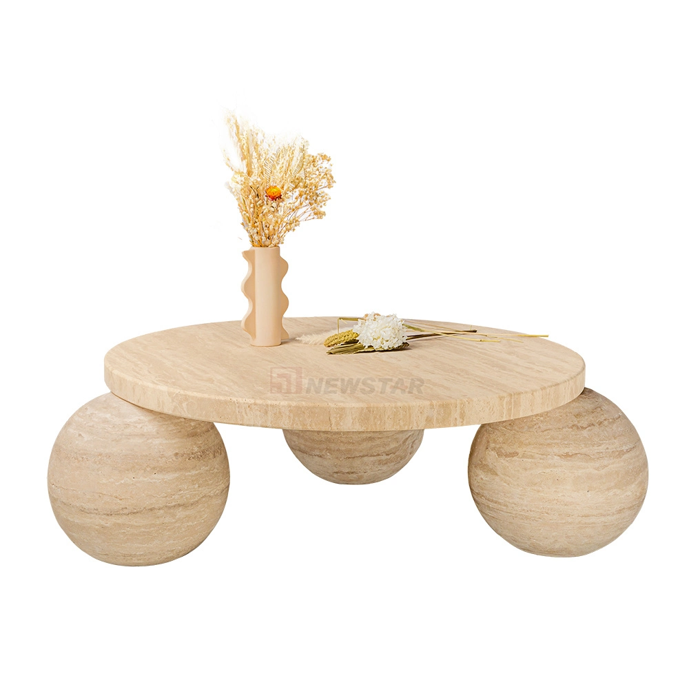 Table à café en marbre de forme ronde de haute qualité, thé en pierre de travertin Tableau 3 PCS ball Ta Table salon Meubles de luxe Intérieur