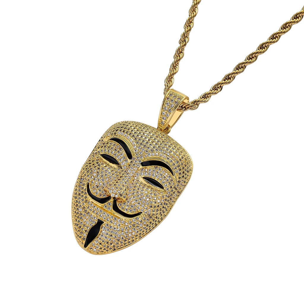 New Ice out Face Pendant Hip Hop Jewellery V for Vendetta Fashion CZ Stone Necklace for Man Women Gift OEM ODM Factory