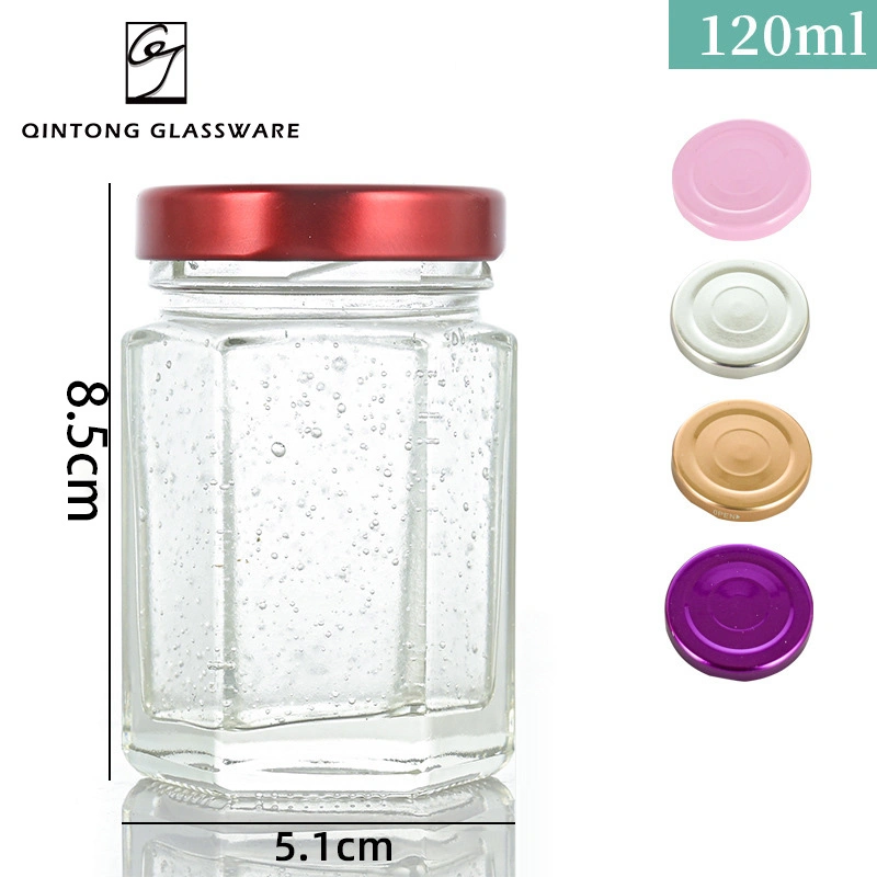 Hot Selling 120ml 4oz Hexagon Classic Glass Honey Jars Bird's Nest Jar with Metal Caps