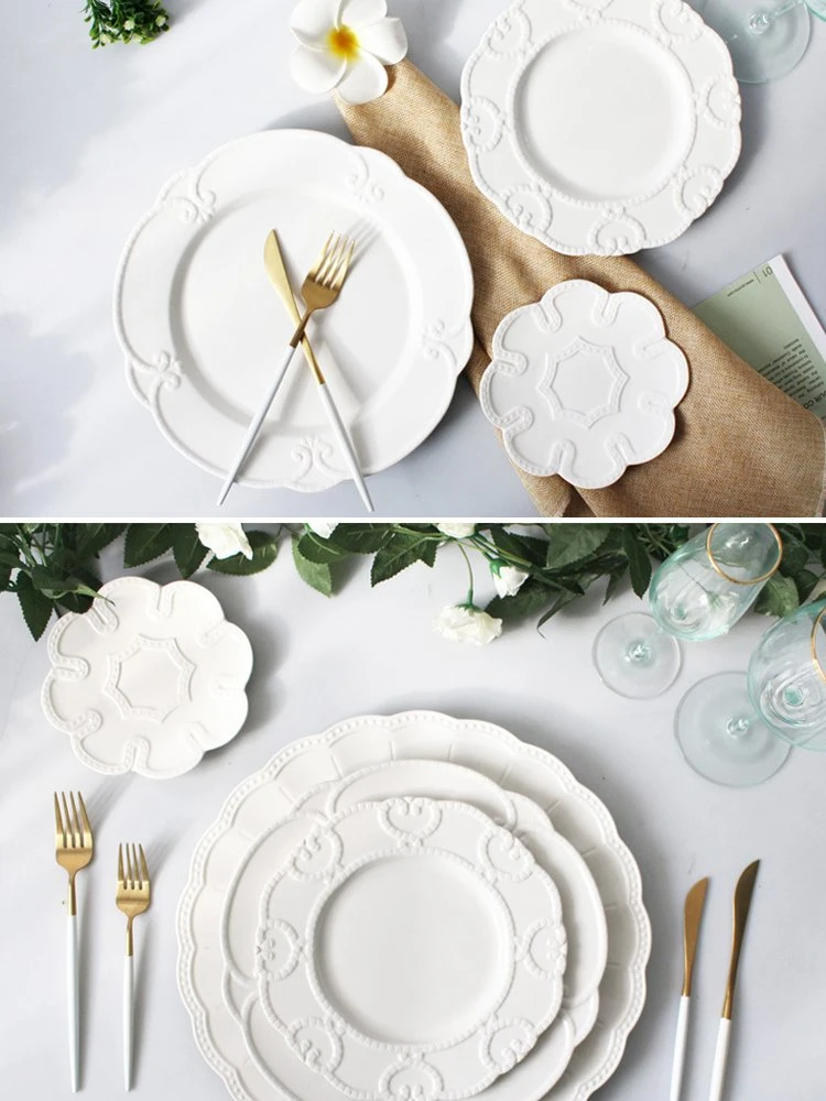 Grossista Retro Flower Branco porcelana placa em relevo dinnerware Casamento cerâmica Jantar