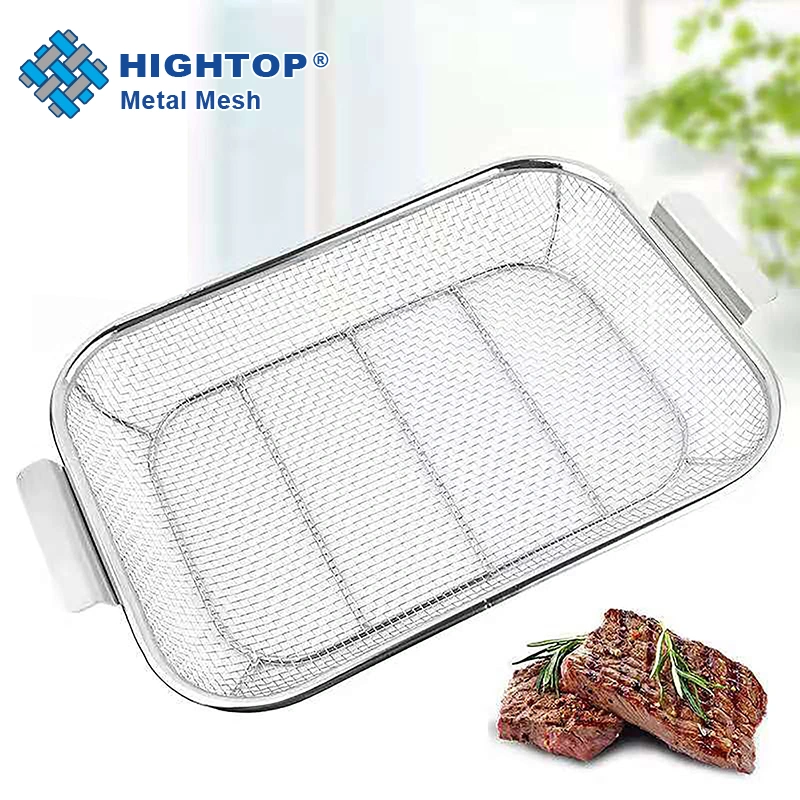 Passoire à double couche en acier inoxydable carrée pour la cuisine moderne, idéale pour laver les fruits et légumes. Panier en maille métallique polie.