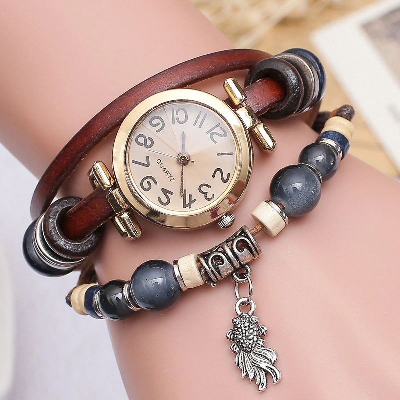 Leather Retro Beads Watch with Fish Pendant Bracelet Watch Jewelry Fashion Bracelet Analog Quartz Watches Christmas Gifts Esg13637