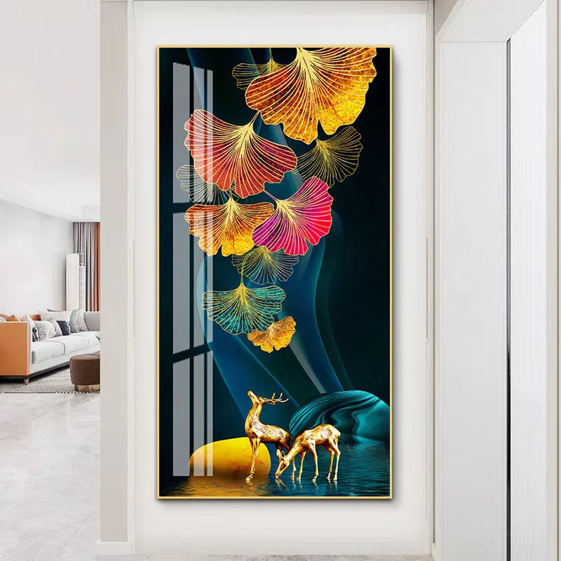 Modern Entrance Artwork Gold Leaf Crystal Porcelain Glass Painting Wall Art Decoration