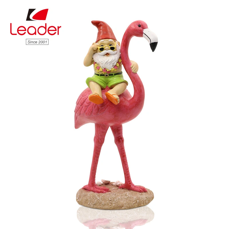 Nains de jardin drôle Riding Flamingo Statue, adorable Hawaii Gnome Figurine Yard ornement