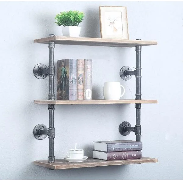 Real Wood Floating Industrial Pipe Shelf Rustic 3 Tier Wall Pipe Shelving, Steampunk Pipe Shelves Wall Mounted Used for Bar