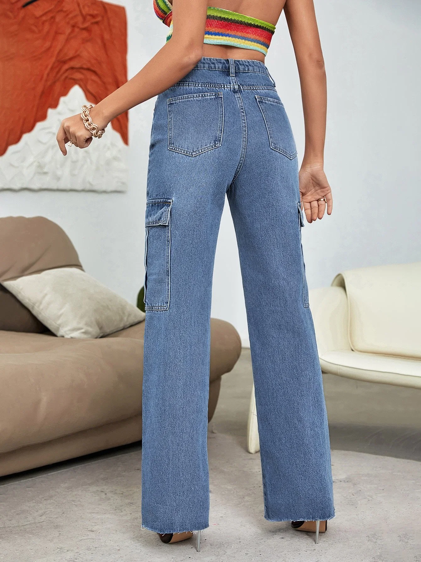 New Fashion Brand Jeans Lasies Design High-Waisted Side Flip Pocket Frayed Edge Straight Leg Jeans