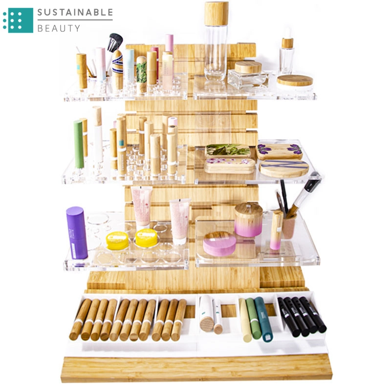 Luxury Wooden Bamboo Table Counter Top Cosmetics Store Essential Oil Foire Boutique Large Display Show Stand Makeup