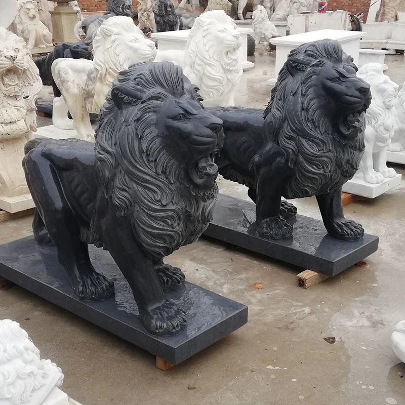 Outdoor Garden Animal Furniture Hand Carving Black Nature Marble Stone Pair of Lions Staute