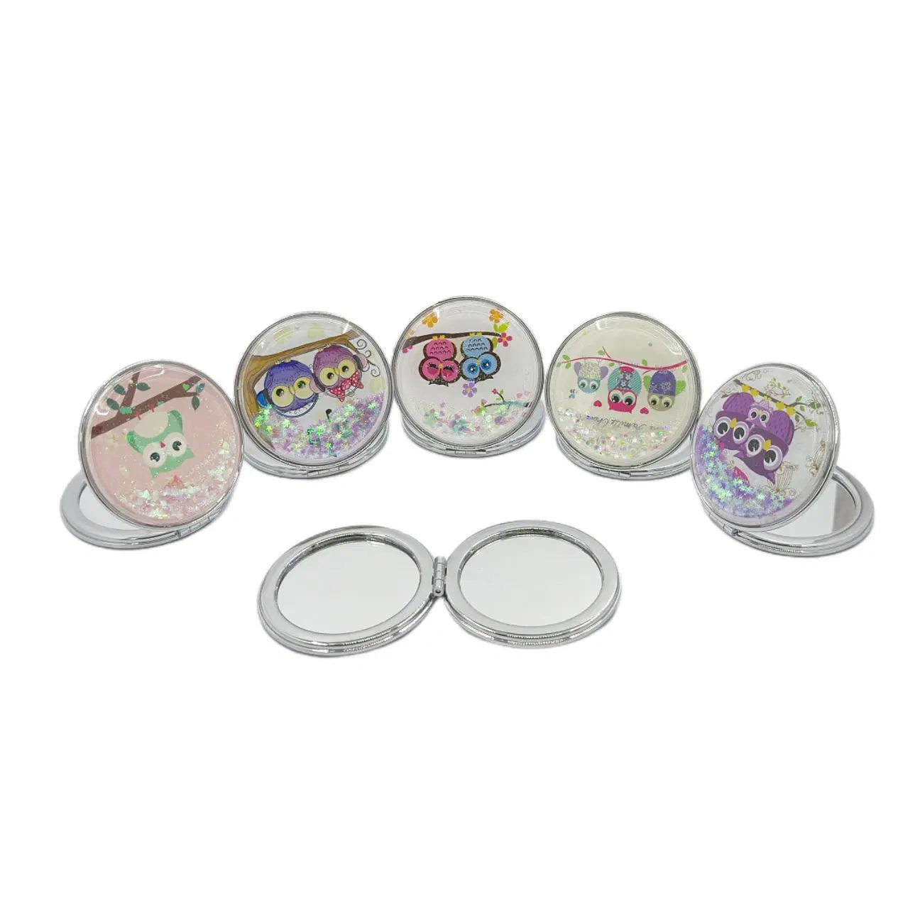 Customized Foldable Double Sides Plastic Compact Mirror with Glitter Design