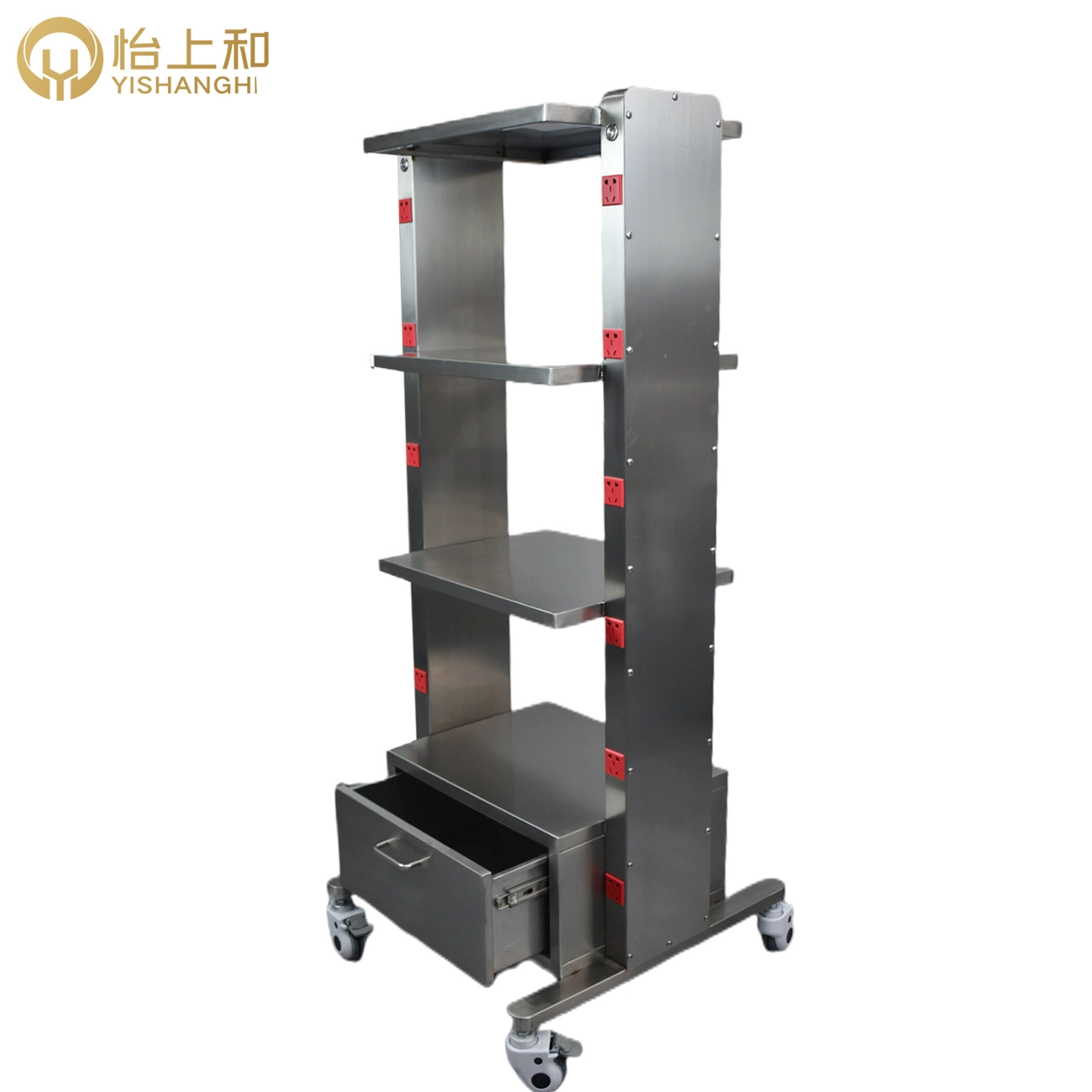 Stainless Steel Hospital Trolleymulti-Layer Animal Medical Carrying Trolley with Sockets Pet Surgical Monitor Cart