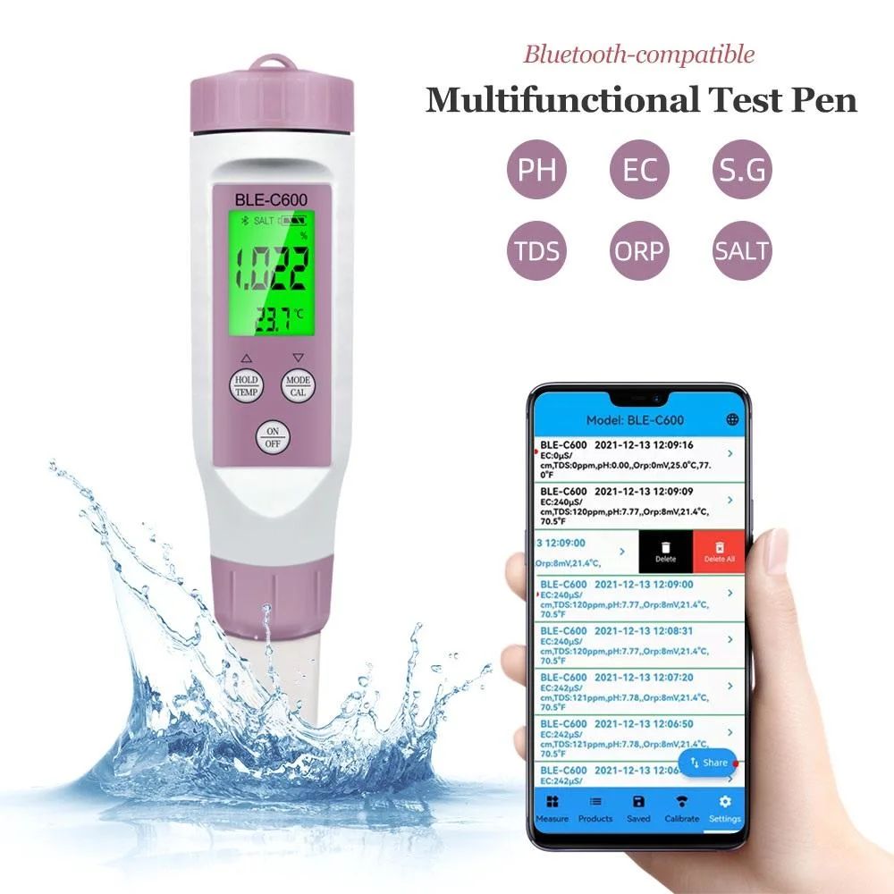 Bluetooth Water Quality Tester 7 in 1 pH TDS Ec ORP Salinity S. G Temperature pH Meter