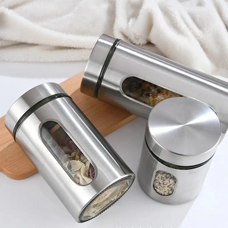 Stainless Steel Food Container with Transparent Window for Whole Grains, Candies, Dry Goods, Seasonings, Noodles, Nuts