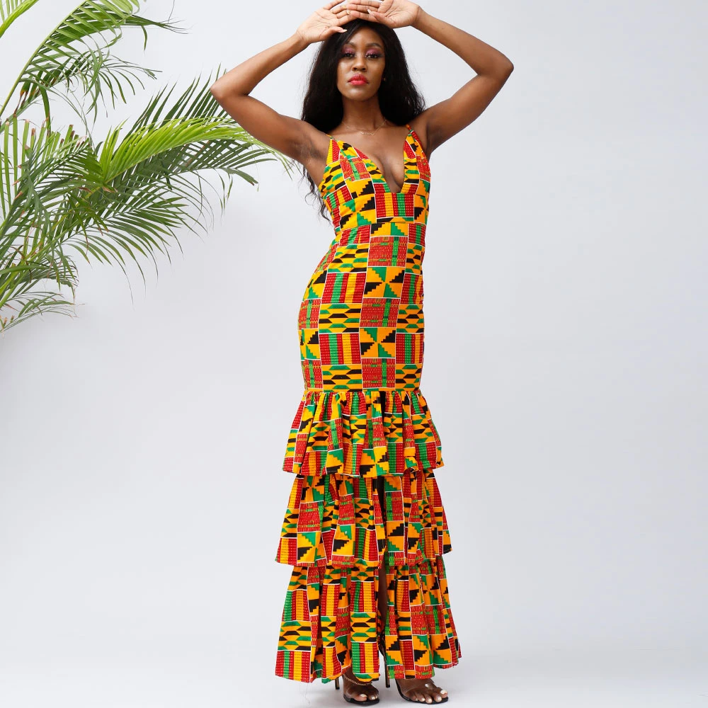 2021 African Fabric Wax Printing Women Maxi Sexy Dress Party Wear