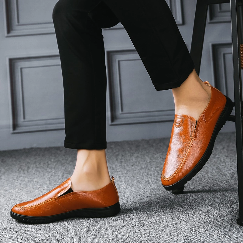 Male Brown Black PU Leather Customize Logo Slip on Lightweight Business Office Dress Formal Party Casual Driving Soft Shoes for Men