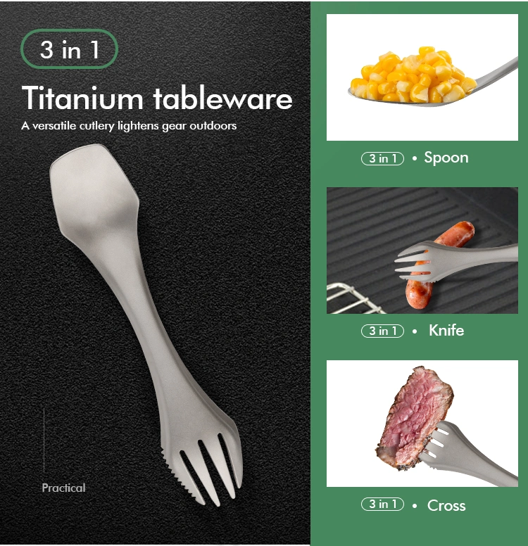 مجموعة أدوات مائدة من التيتانيوم بالجملة ذات ثلاث أدوات مائدة في 1 وصلعة الرمال مع الشعار