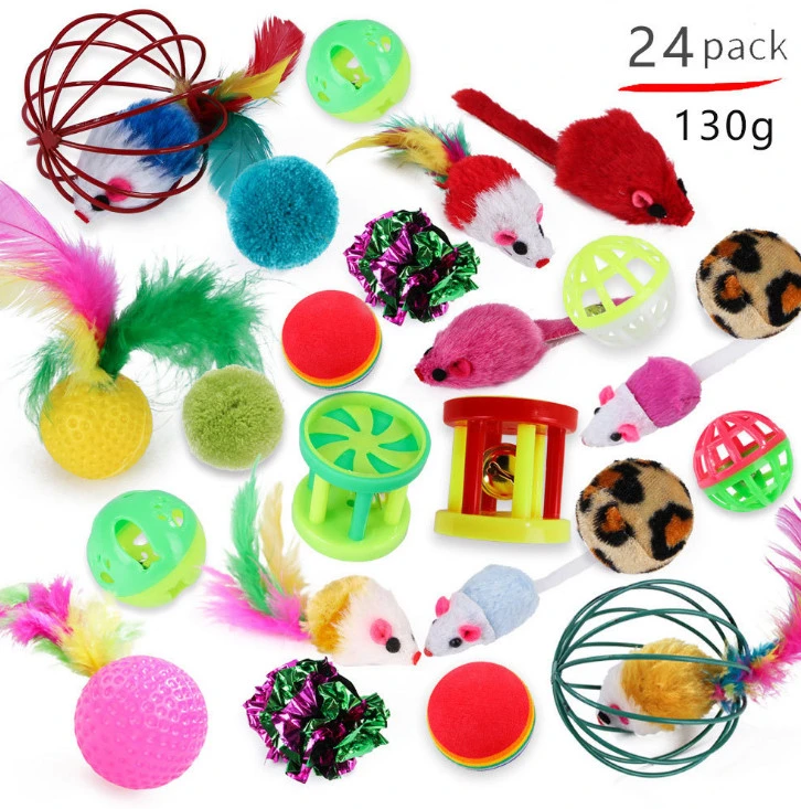 Hot Sale 28 PCS Pack of Kitten Toys Bulk Pet Feather Ball Interactive Mouse Cat Toy Set