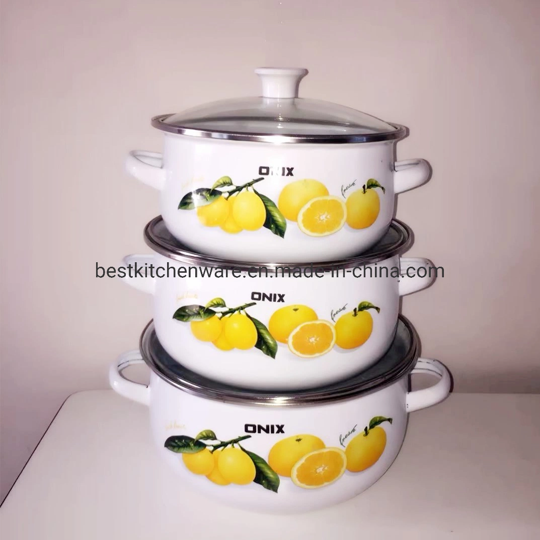 5PCS White Casserole Glass Cover Enamel Pot Lemon Flower Deco