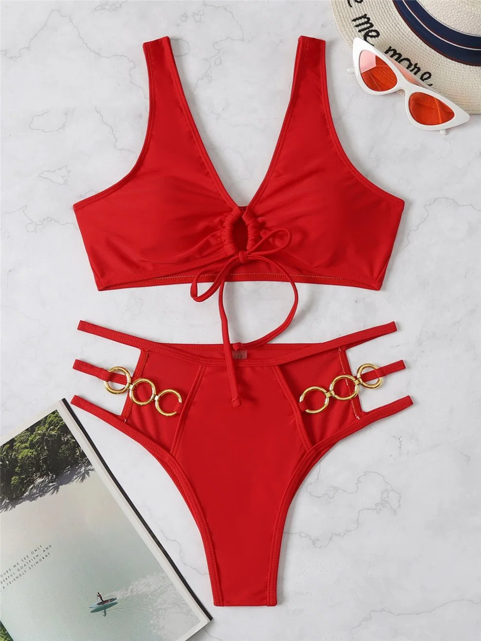 2022 Nova cor sólida Ring Split Swimsuit Biquíni de duas peças da Swimsuit Sexy cintura elevada Swimsuit