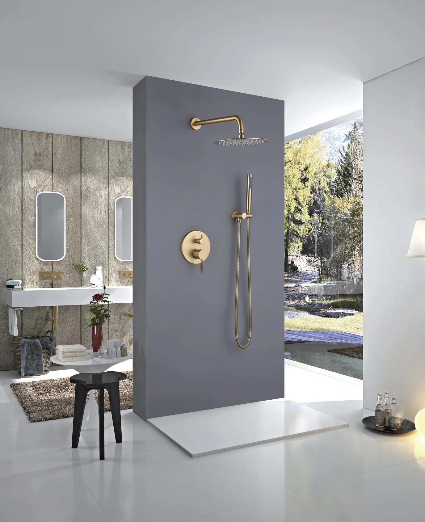 Sanitary Ware Slim Rim Square Freestanding Acrylic Bathtub with Matt Black, Brushed Gold Shower Mixer