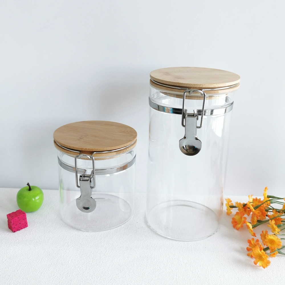 Round Borosilicate Cookie Candy Honey Food Glass Storage Jar with Bamboo Lid
