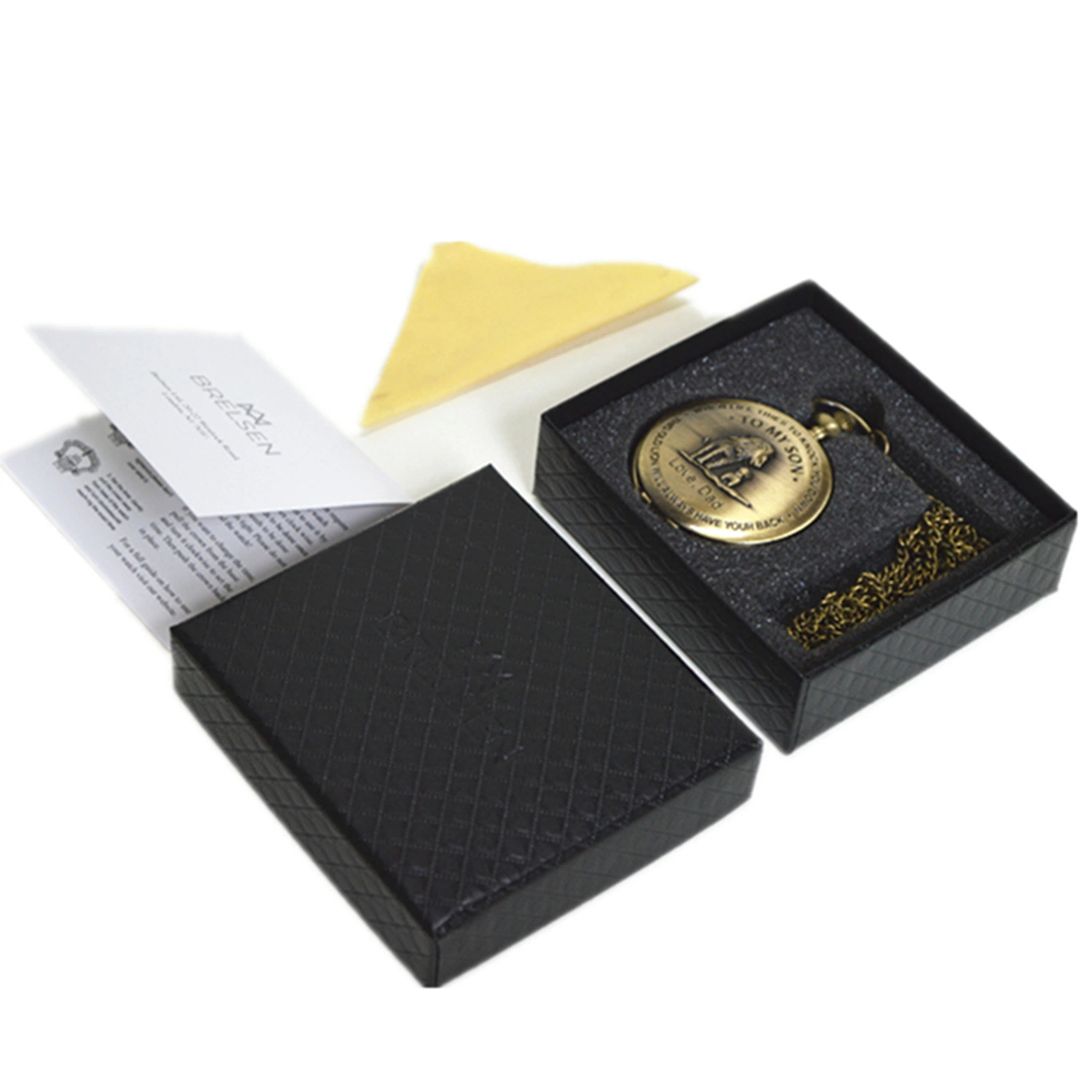 Textured Paper Debossed Logo Black Gift Box with Cloth Paper Card