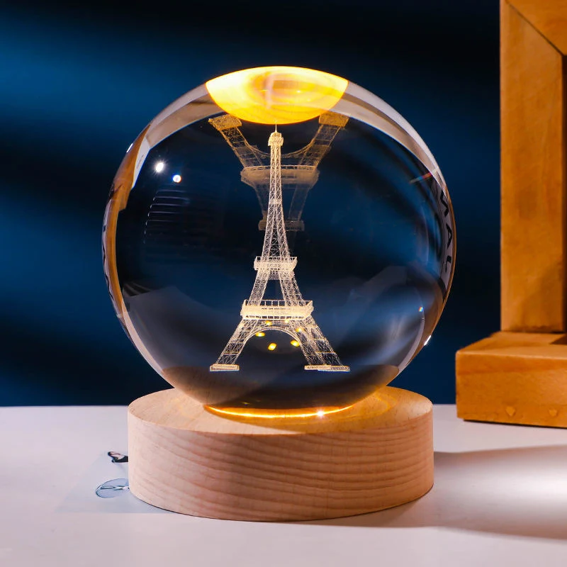 Christmas Gift 3D Galaxy Crystal Ball Wooden Base Solar System Planet LED Light Bedroom Table Desk Decoration Night Light