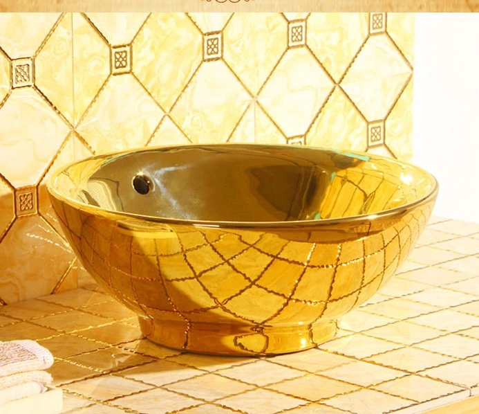Luxury Ceramic Gold Floral Design Table Top Art Wash Basin Bathroom Sink for Hotel or Villa