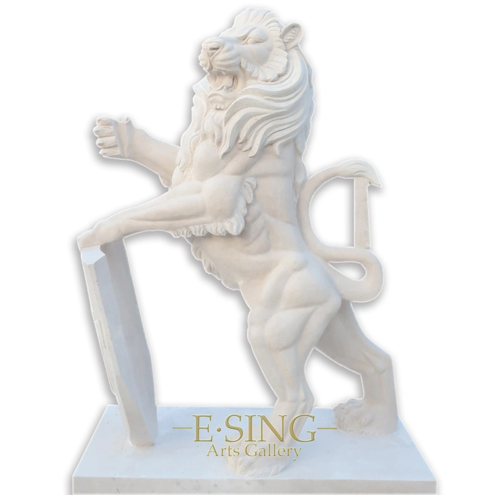 New Products Garden Decorative Hand Carved Marble Lion with Cap and Shield