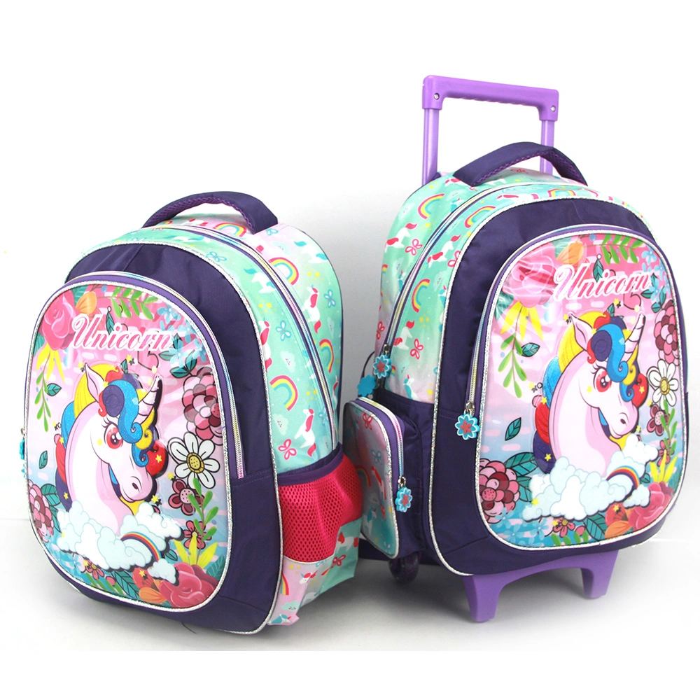 Unicorn Children Trolley Backpack School Bag and Lunch Bag Set with Wheels for Kids