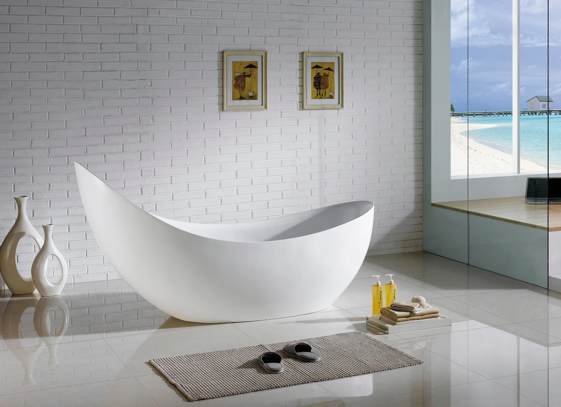 Bathrooms Morden Matt White&Glossy White Freestanding Acrylic Bathtub with Brushed Gold Brass Faucet Mixer