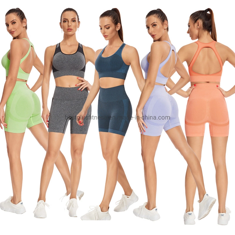 Workout Sets Yoga Fitness Wear for Women 2 Piece Ribbed Seamless Yoga Outfits Crop Tank High Waist Exercise Shorts Sports Bra Tracksuits