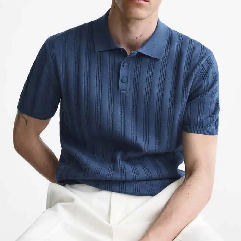 Китайские трикотажные производители OEM ODM мужчины 100% хлопок Вертикальная полоса Рубашка-поло с воротником-поло из дышащего материала Cotta Rib Knit