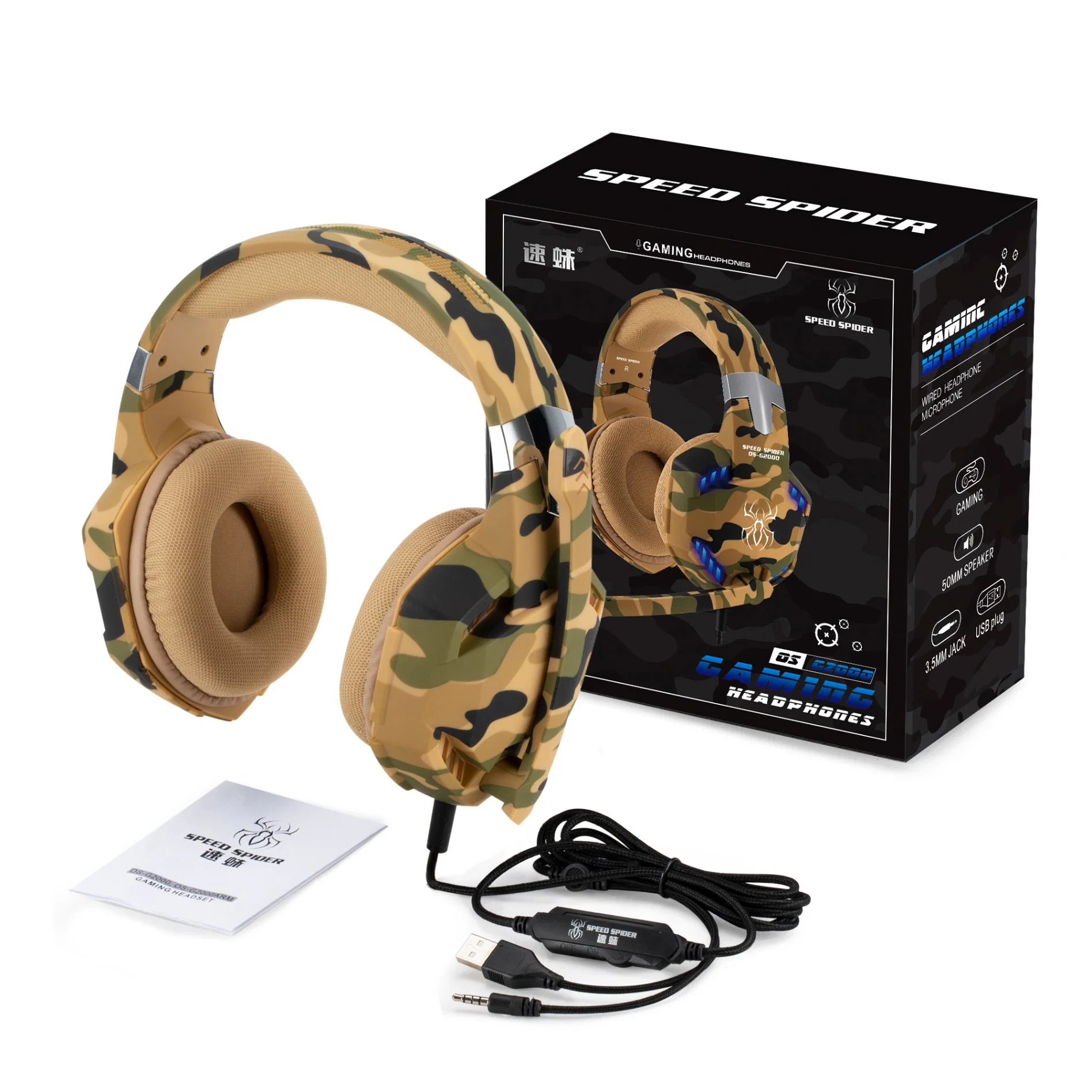 Camo Featured LED Light 50mm Wired Overhead Gaming Headphone with Mic