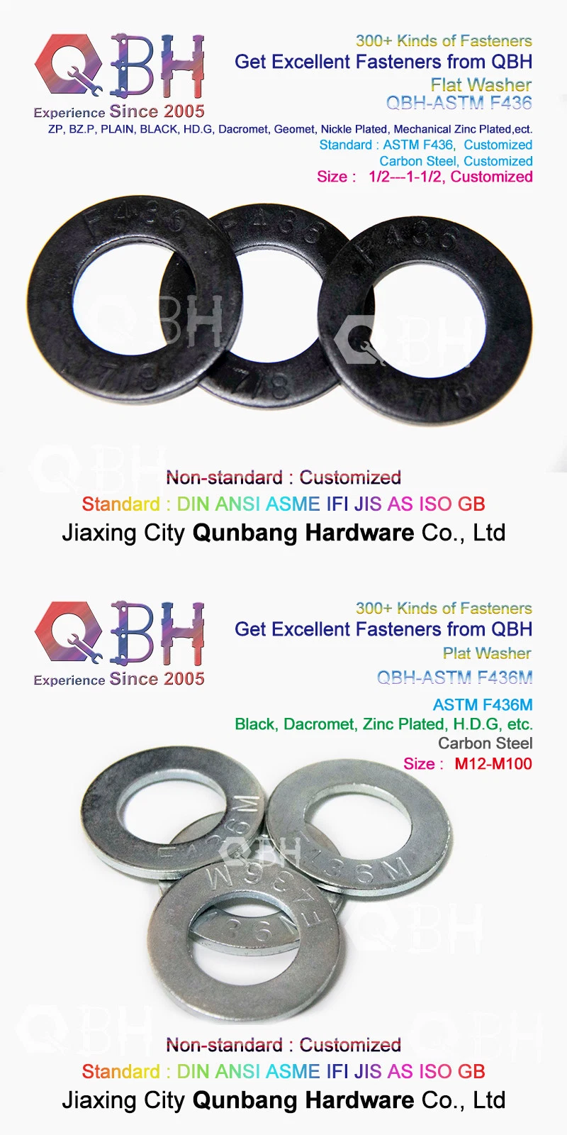 QBH personalizado DIN125 DIN127 F436 F959 As1252 NFE 25-51 carbono Acero inoxidable Zinc ZP/Plain/Black/HDG/Dacromet/Geomet/Nickle Plated arandela de cierre de junta de suplemento