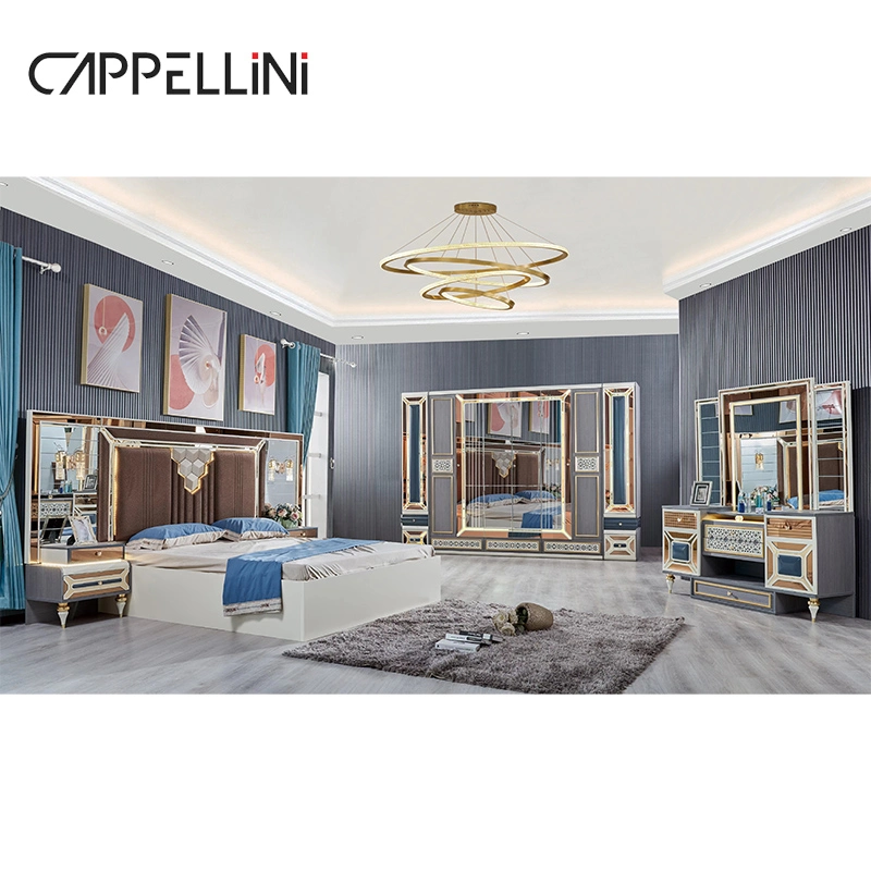 Nuevo diseño Royal Classic espejo cabecero de madera King Size tapizado Suite con cama, muebles de lujo modernos