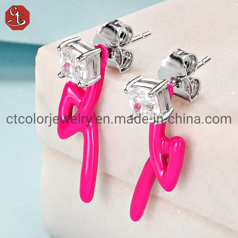 925 Sterling Silver CZ Earrings Color Enamel Dripping Oil Earring