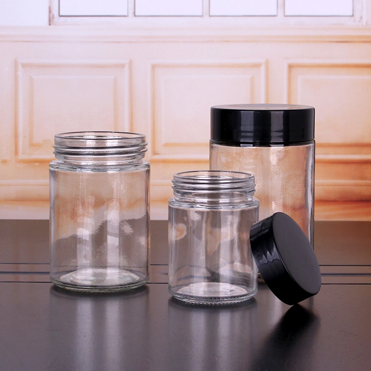 32oz 16oz 12oz 8oz 6oz 4oz 3oz 2oz 1oz Cylinder Transparent Storage Honey Spice Glass Jars with Black Screw Plastic Caps