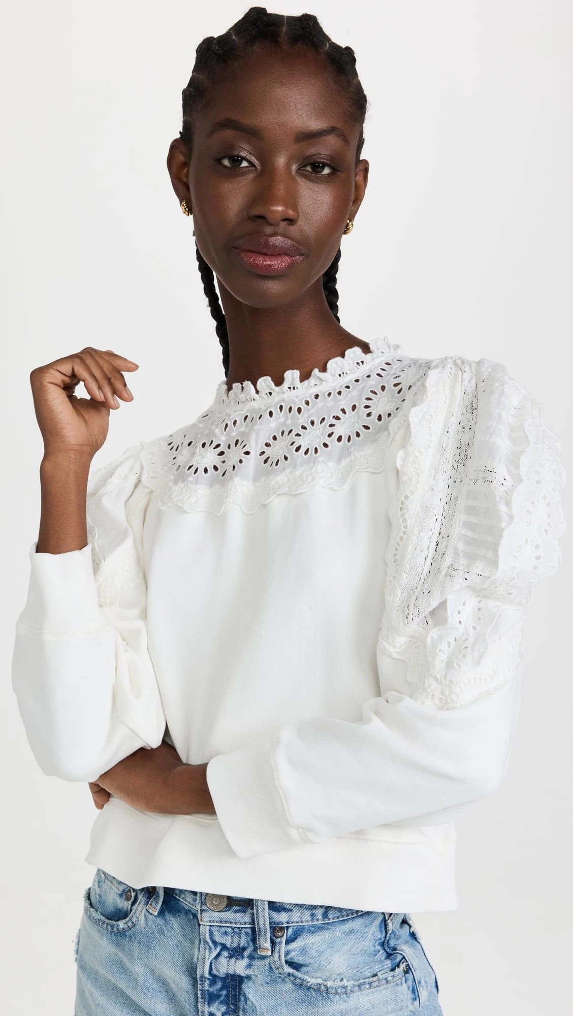 Eyelet Yoke with Ruffle Collar OEM China Casual Fashion Apparel Factory Hot Selling Wholesale/Supplier Fashion Summer Elegant Long Puff Sleeves Lady Blouses