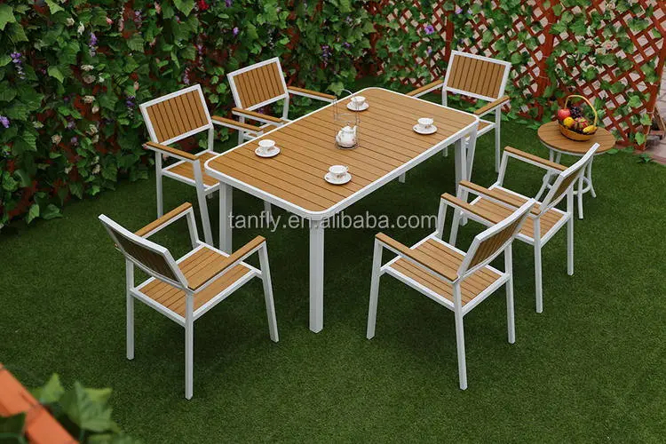 Meubles de jardin extérieur 6 sièges Table et chaises de salle à manger aluminium Patio avec bois