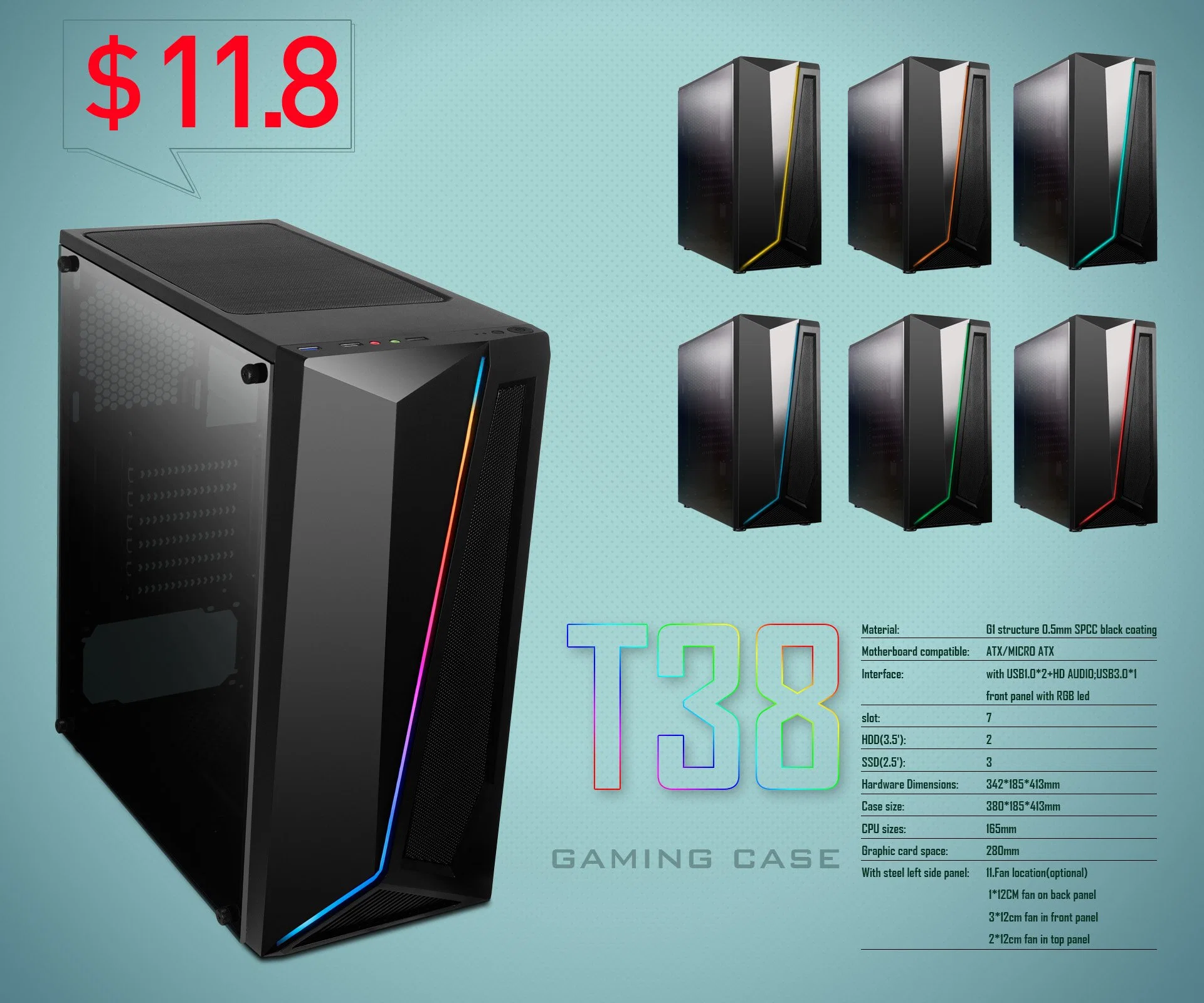 ATX Computer Tower PC Gaming Case with Attractive RGB LED Strips Design