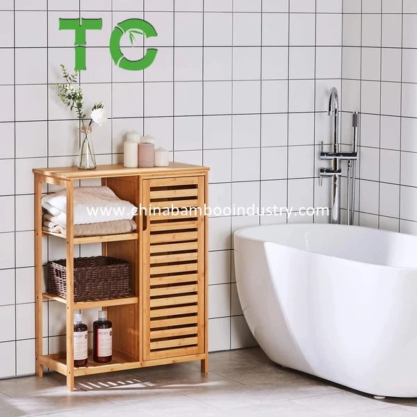 Wholesale/Supplier Bamboo Bathroom Storage Cabinets with Doors and 3 Side Shelves, Bamboo Floor Cabinet Utility Storage Shelves Floor Standing Cabinet Side Cabinet