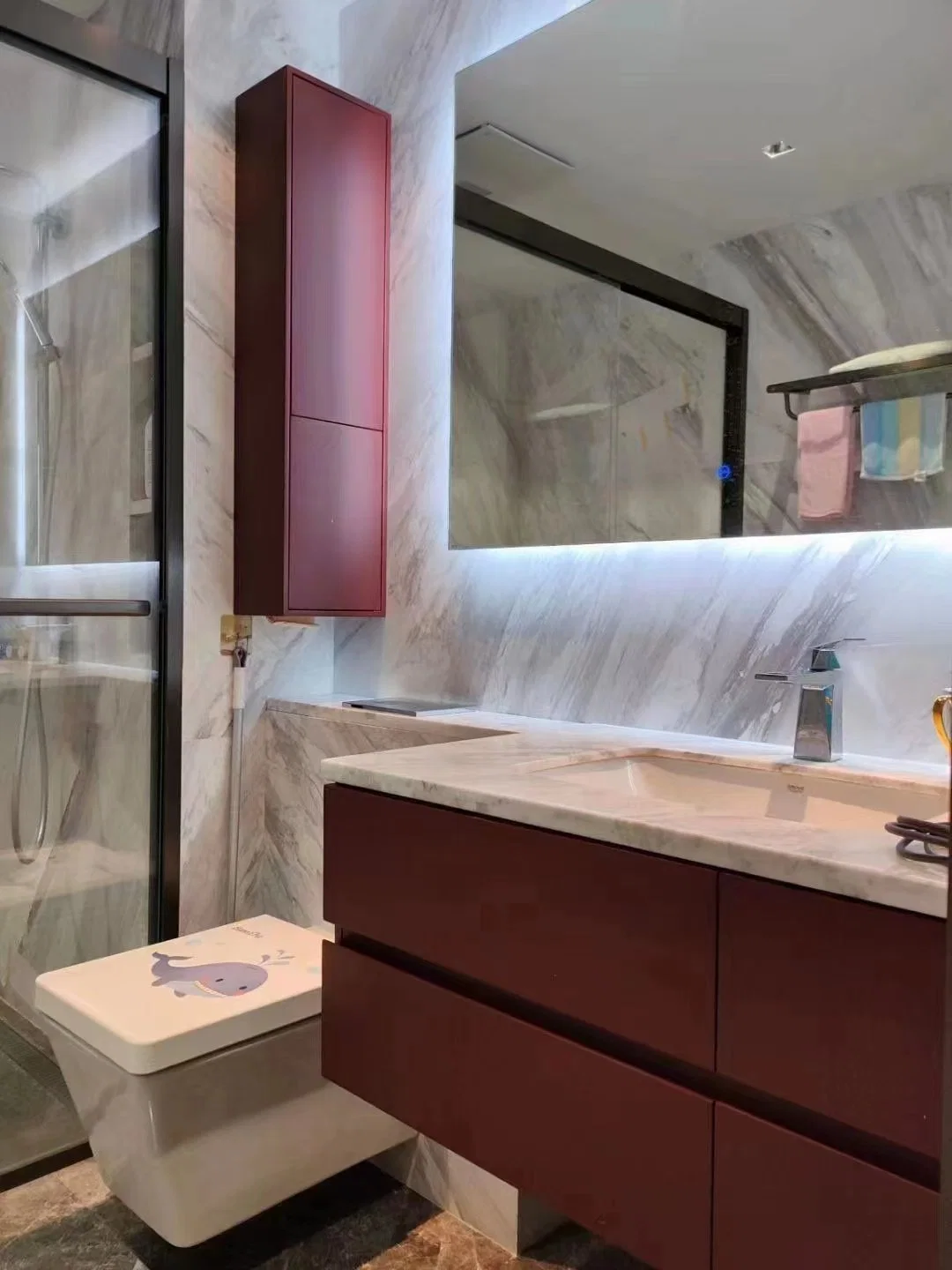 Modern Hotel American Floating Bathroom Vanity Cabinet with LED Mirror and Double Sink Sets