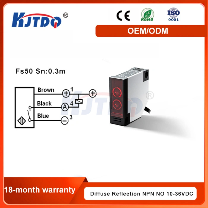 Kjt Fs50 NPN Sn estándar IP67 de 24V de 0,3 m de la reflexión difusa del sensor de proximidad fotoeléctrico