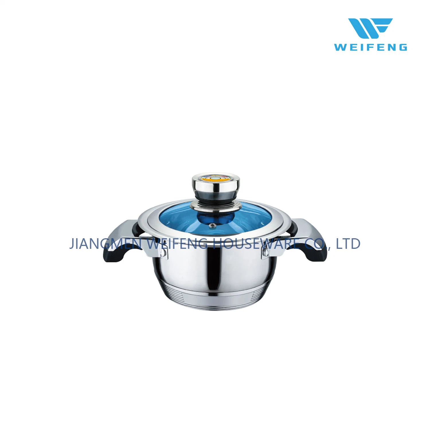 Wide Edge Stainless Steel Cookware Set with T Shape Blue Glass Lid