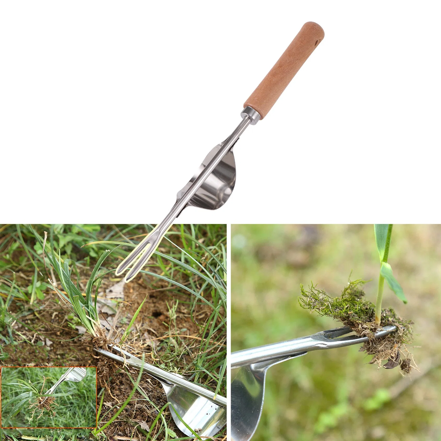 Wooden Handle Stainless Steel Manual Weeding Tool for Garden Digging Vegetable Transplant Seedling Weed Remover Tool