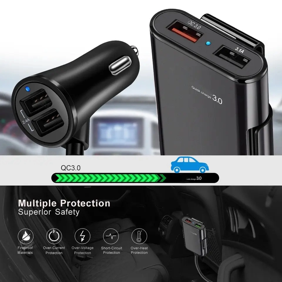 4 USB Quick Super Fast Car Charger 36W 8A 1.8m Universal Mobile Phone Tablet PC Travel Car Charger Adapter