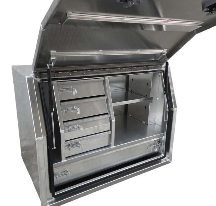 Full Opening Flat Plate Chest Tool Storage Metal/Aluminum/Stainless Steel Toolbox Silver with Drawer Inside