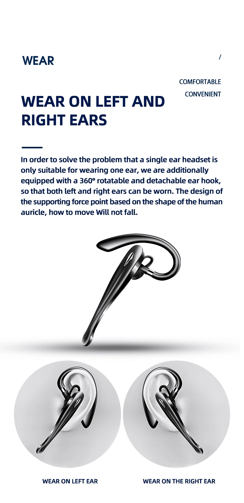 360 Rotatable and Detachable Bluetooth Ear Hook Headphone