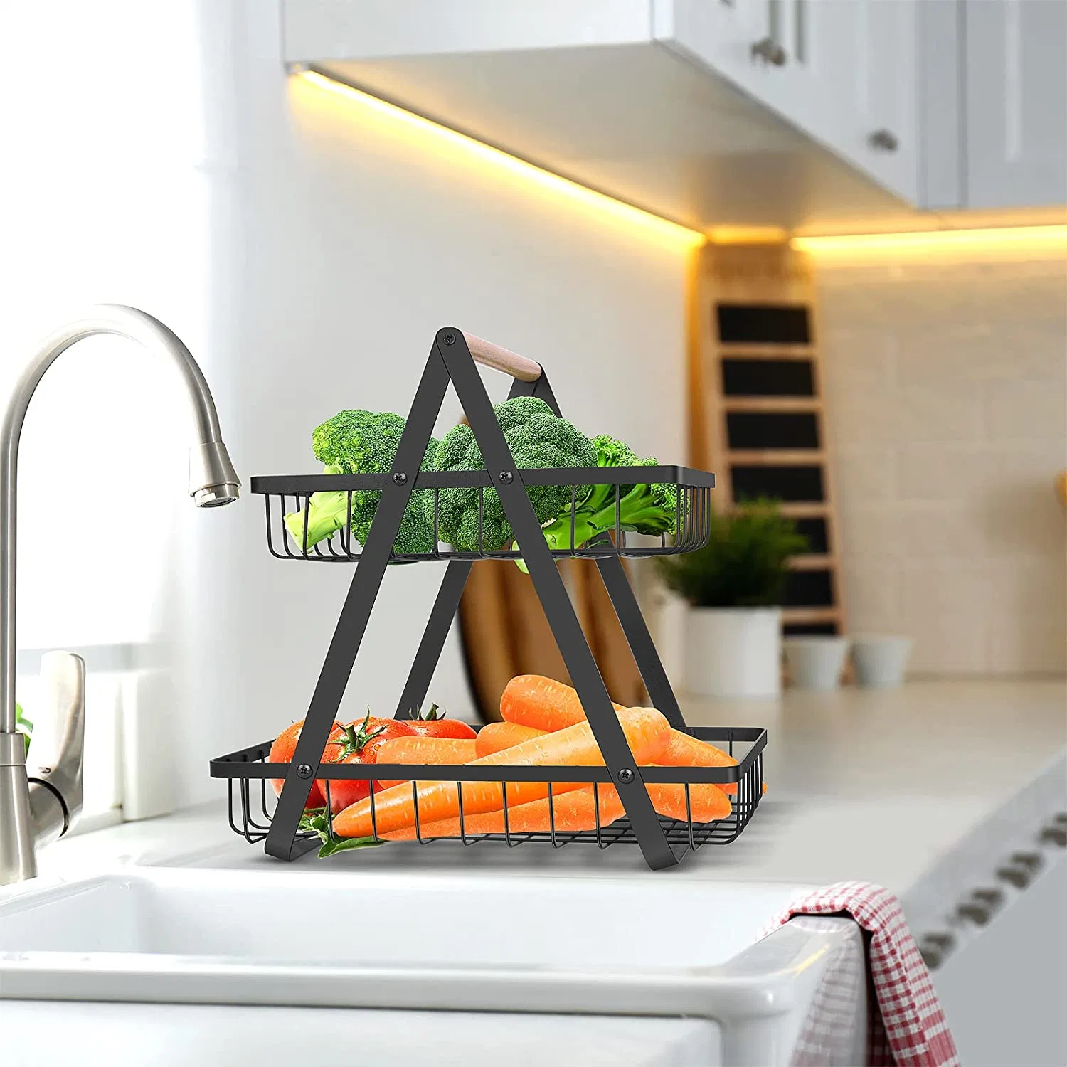 Organizador de encimera de cocina decorativo para el hogar, soporte de pan de alambre desmontable, soporte de metal para cuenco, cesta de frutas de 2 niveles