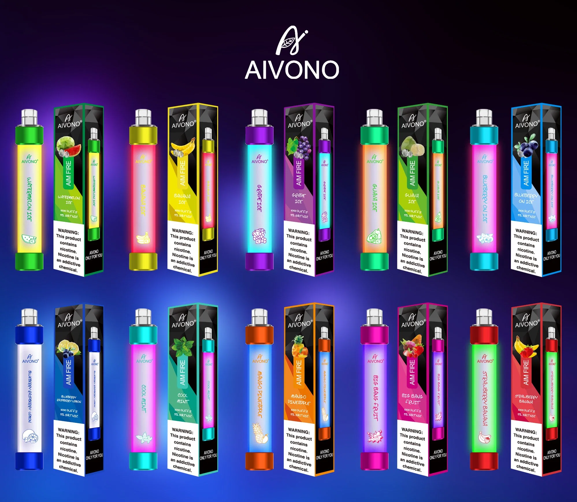 Nouvelle arrivée Aivono Original But Fire 1000 bouffée Vape Pod jetables de 2 % 3 % 5 % de la nicotine avec clignotement de voyant stylo Vape RVB